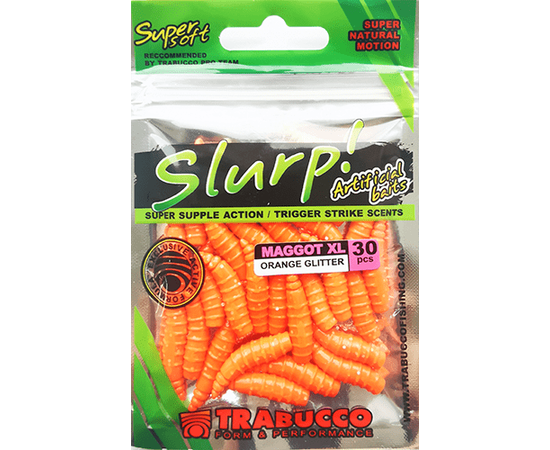 Vierme Artificial Trabucco Slurp Maggot XL (30buc/plic), Varianta: Slurp Maggot XL (30buc/plic) Orange Glitter